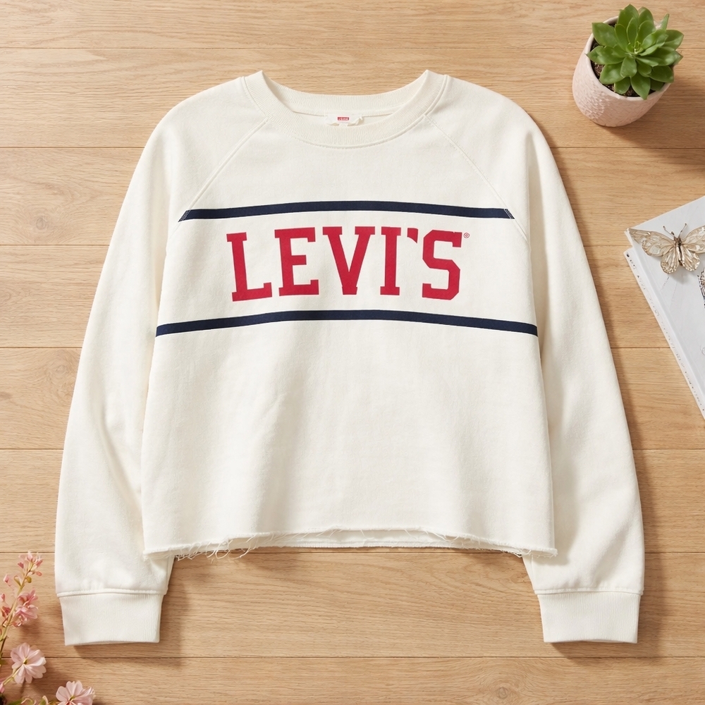 💙Levi's Women's Off-White and Navy Crew Neck Sweatshirtr